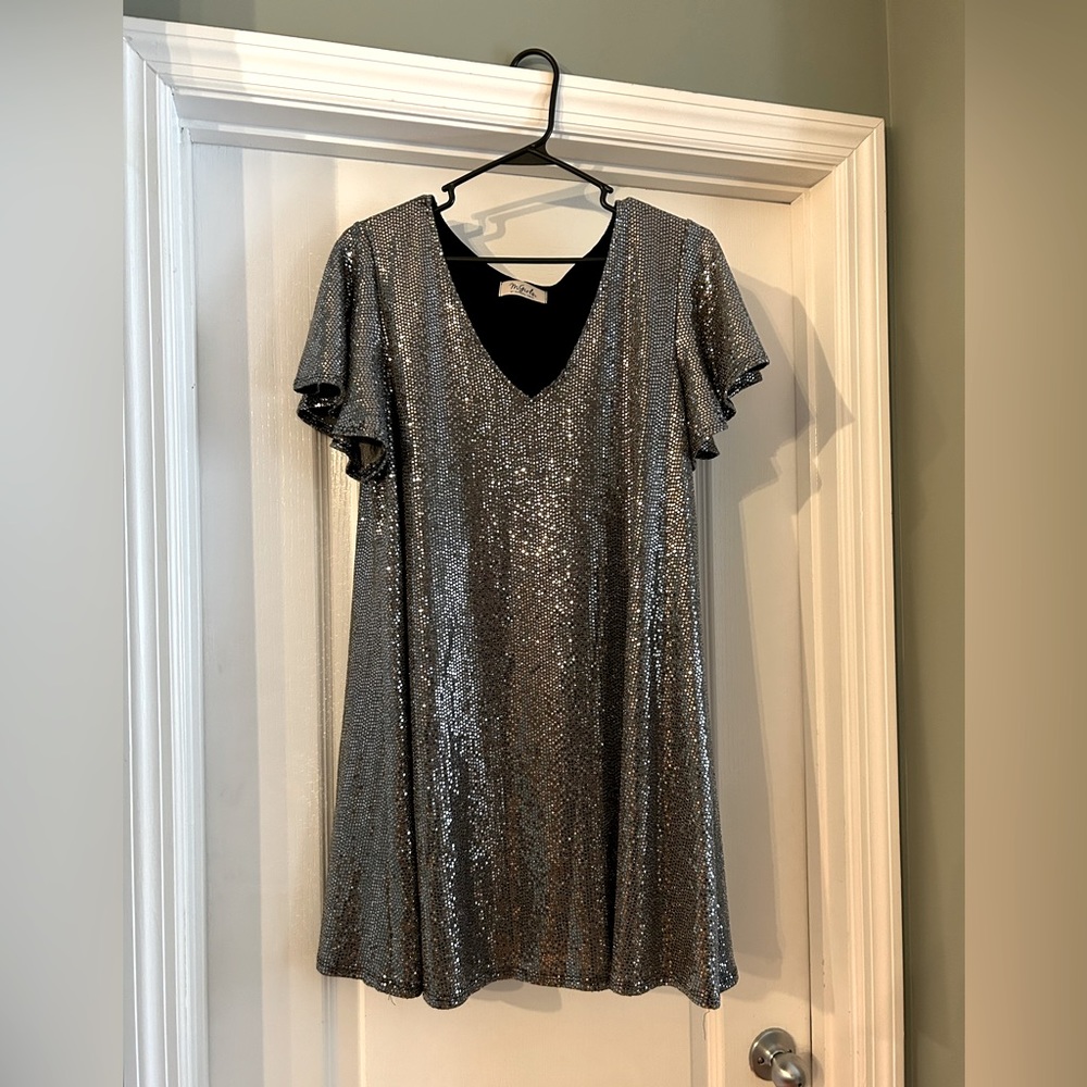 Silver sequin cocktail dress.